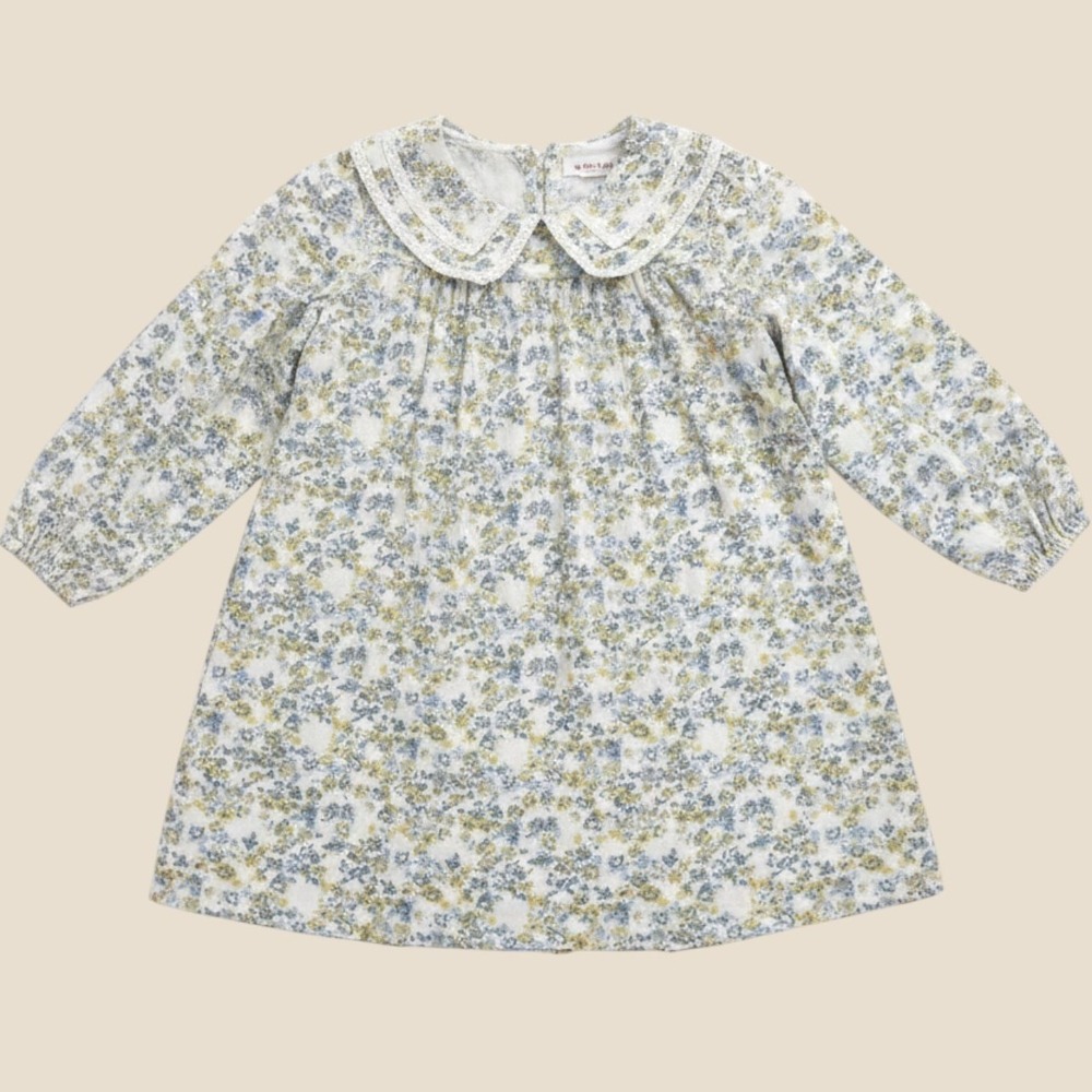 Marks & Spencer Kids Floral Corduroy Dress Blue Yellow Lace Collar 7-8 Years